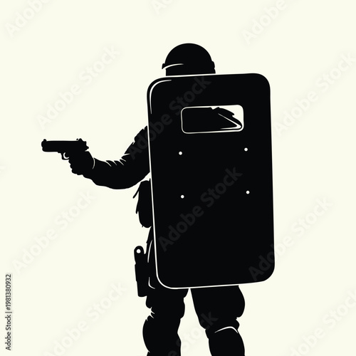 Silhouette of a Person in Protective Gear Holding a Gun Against a Light Background