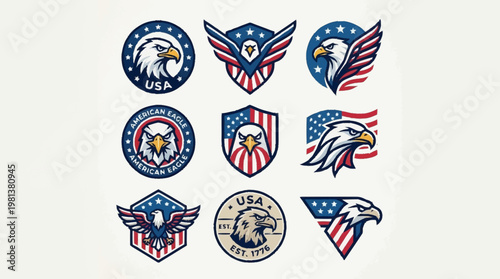 Collection of various American flag and eagle emblems displayed on a USA theme