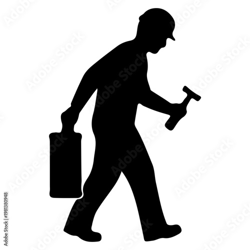 Silhouette of a construction worker carrying tools.