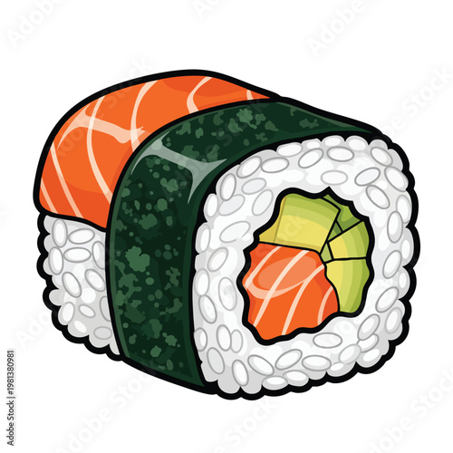 Fresh Salmon and Avocado Sushi Roll with Nori Seaweed and Rice