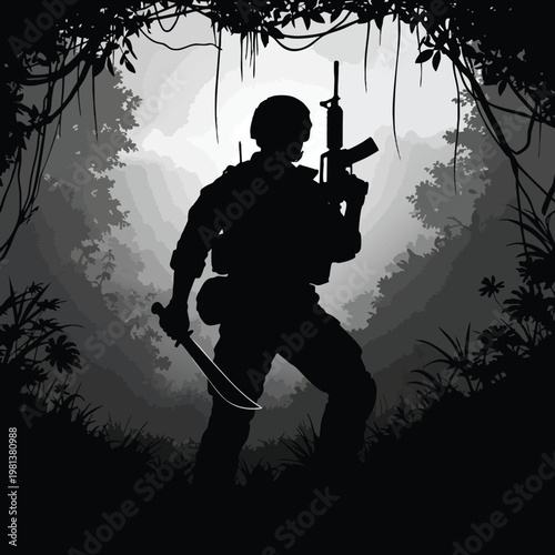 Silhouette of a Soldier with a Sword in a Dense Jungle Environment