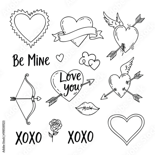 Collection of Romantic Love Symbols and Heart themed Doodles for Creative Projects
