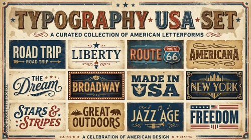 Vibrant typography collection featuring american flag designs on a road trip across the USA