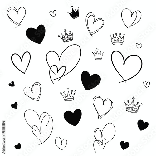 Whimsical Hand Drawn Heart and Crown Pattern for Creative Design Projects