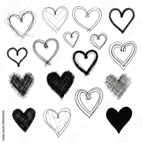 Collection of Hand Drawn and Filled Heart Illustrations for Romantic and Love Themed Projects