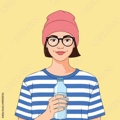 Young Woman Drinking Water in Casual Attire Illustration