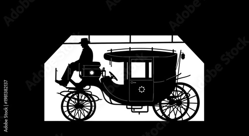 Silhouette of a horse-drawn carriage with a driver, vintage transport vector illustration