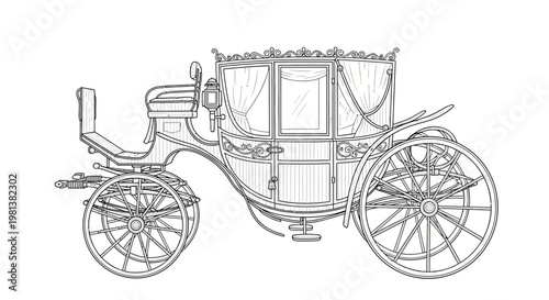 Vintage Horse Carriage Outline Drawing, Elegant Old Coach Vector Illustration