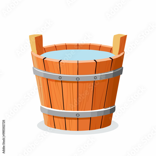 Wooden bucket with water, rustic container isolated illustration
