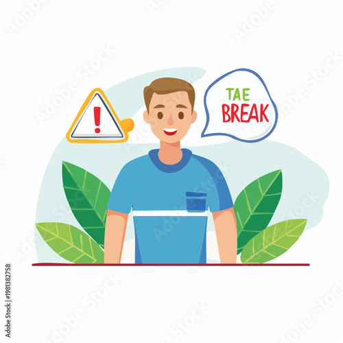 Man taking a break concept illustration with leaves and warning sign.