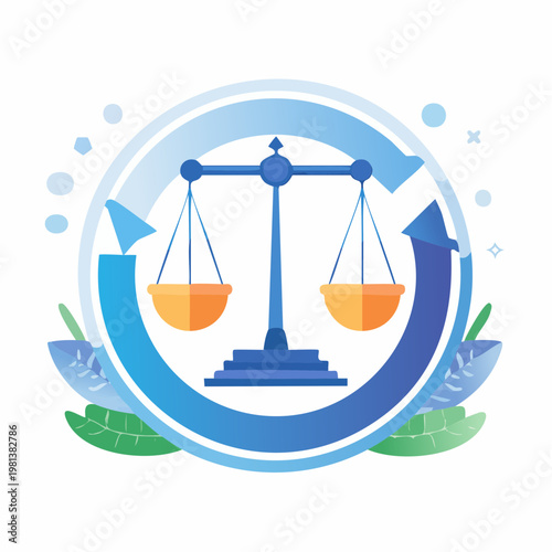 Illustration of balance scale surrounded by an arrow and leaves.