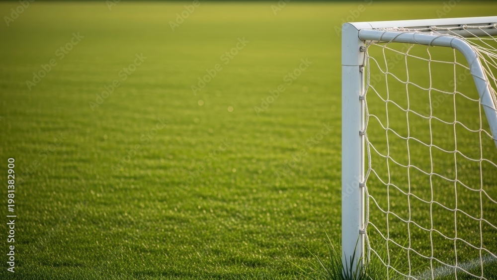 Fototapeta premium The corner of a soccer goal on a sunny, green field with copy space.