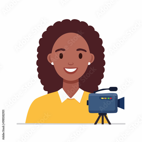Cartoon woman with camera, recording, video, and multimedia concept.