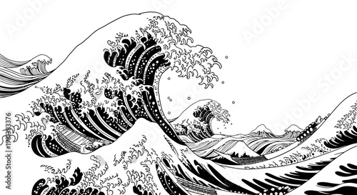 Dramatic monochrome wave art depicting ocean movement and natural power