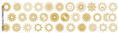 Minimalist Gold Line Art Vector Sun Icon Set Isolated on White: Collection of Golden Sunlight Symbols with Smiling Faces and Geometric Rays for Summer Weather Web Design and Graphic Projects