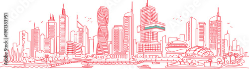 Wide Angle Panoramic Line Art Vector Cityscape Illustration: Melbourne City Skyline with Modern Skyscrapers Eureka Tower and Urban Landmark Buildings in Pink Style for Travel Architecture Logo