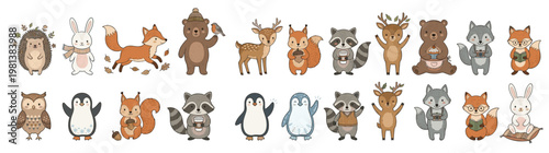 Horizontal Vector Doodle Illustration and Colorful Graphic Icon Set: Cute Forest Animals in Various Poses Isolated on White