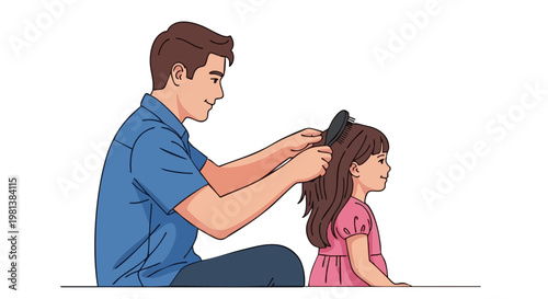 Father brushing daughters hair with a comb, a sweet moment of family bonding and care, simple line art illustration