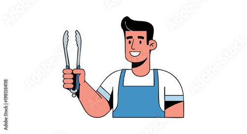 Happy man in blue apron holding barbecue tongs ready for grilling