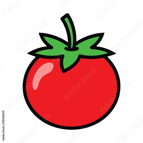 Bright Red Tomato with Green Leaves on a White Background
