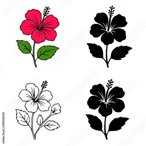 Hibiscus set of illustration icons, in outline, silhouette and colored styles, for floral and plant themed designs or clipart