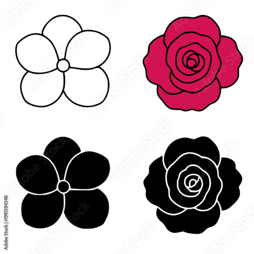 Begonia icon set illustrations, in outline, silhouette and colored styles, for floral and plant themed designs or clipart