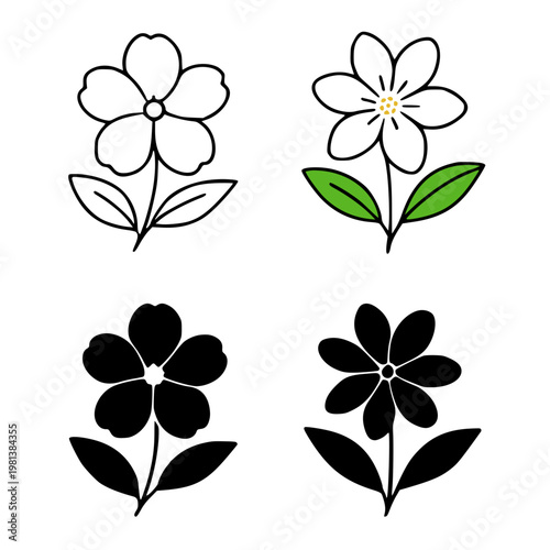 Jasmine set of illustration icons, in outline, silhouette and colored styles, for floral and plant themed designs or clipart