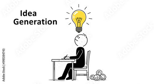 Cartoon man sitting at desk with creative idea.