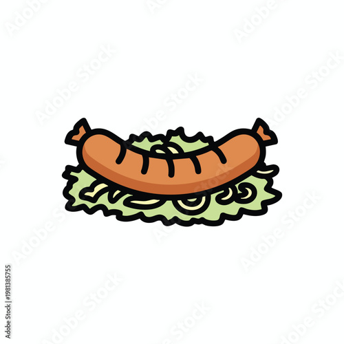 Delicious Grilled Sausage with Fresh Green Lettuce and Vegetables