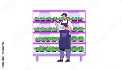 Modern Sustainable Vertical Farming with Male Farmer Using Tablet for Plant Monitoring