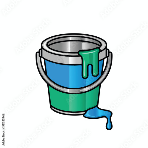 Colorful Bucket with Green and Blue Paint Dripping for Artistic Projects