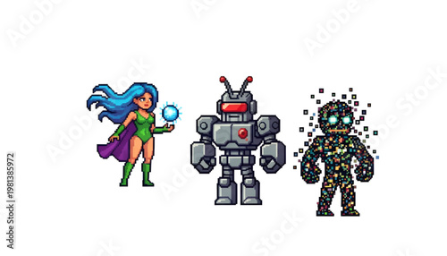 Pixel Art Retro Game Characters Set with Female Superhero, Heavy Robot, and Digital Glitch Man