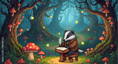 Cozy Pixel Art Scene of a Scholarly Badger Writing in a Magical Mushroom Forest