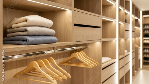 A modern, well-lit walk-in closet with organized shelves and hangers.
