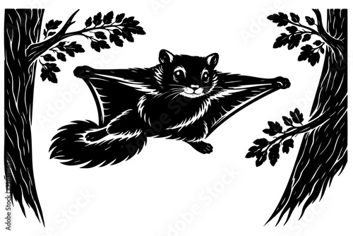 Flying squirrel gliding between trees black silhouette illustration