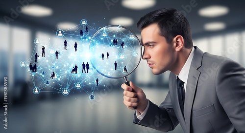 A sharply dressed man with magnifying glass examines a connected network of small figures