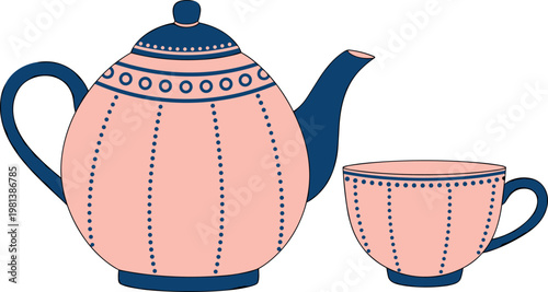 Tea Set Illustration with Pink Teapot and Teacup with Blue Dotted Pattern for Tea Time, Beverage, and Kitchen Design Graphics
