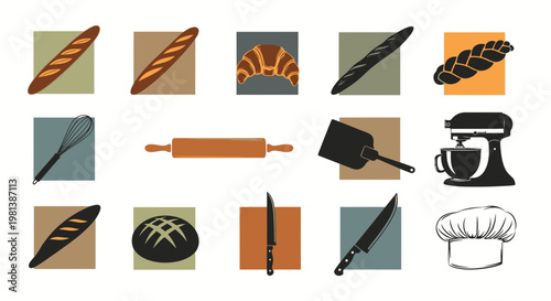 Bakery and Baking Tools Collection Vector Illustration Featuring Bread Loaves Croissant Kitchen Utensils and Chef Hat for Culinary Design Projects