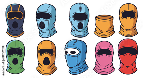 Balaclava Mask Set Vector Illustration Featuring Colorful Winter Headwear Designs for Outdoor Sports and Tactical Gear Concepts