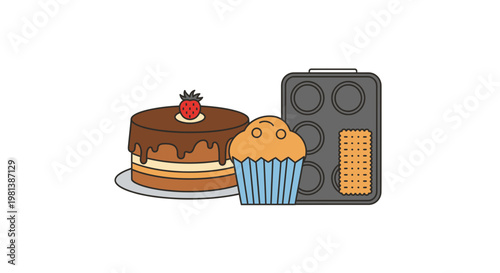 Bakery Items Collection with Cake Muffin and Baking Tray Vector Illustration for Culinary Branding and Food Industry Design Projects