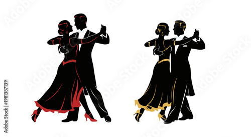 Ballroom Dancers Couple Vector Illustration, Elegant Waltz Silhouette Graphic in Black with Red and Gold Accents for Dance Studio Event or Formal Celebration Design