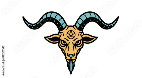 Baphomet Head Vector Illustration, Occult Goat Symbol with Pentagram in Flat Graphic Style for Dark Art and Esoteric Design Projects