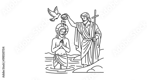 Baptism of Jesus Christ Vector Illustration, Religious Line Art Drawing of John the Baptist and Jesus in River Jordan for Christian Church and Easter Design