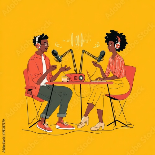 Podcast Duo Animated Man and Woman Recording Discussion on Bright Yellow Background
