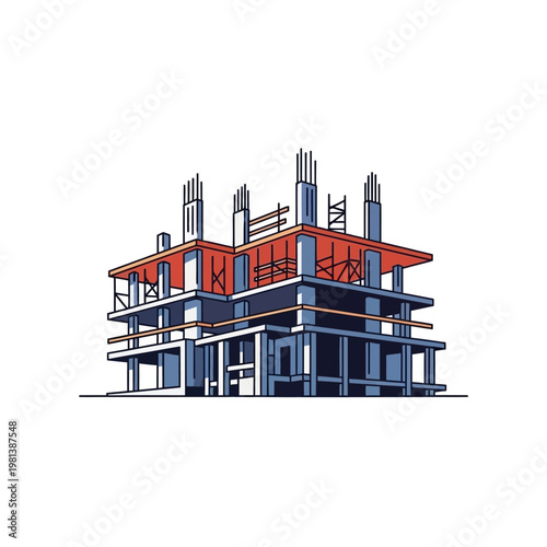 Modern building under construction with exposed rebar and concrete structure, in a vibrant flat design, on isolated white background.