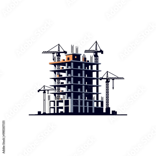 Large multi-story building under intensive construction with multiple tower cranes, representing massive urban development, on isolated white background.