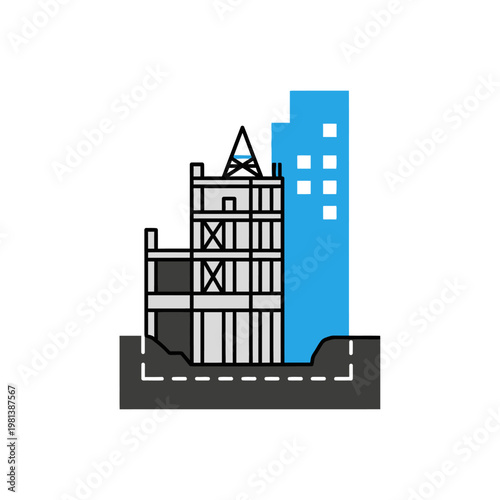 Modern multi-story building with blue glass windows and construction elements, representing urban development, on isolated white background.