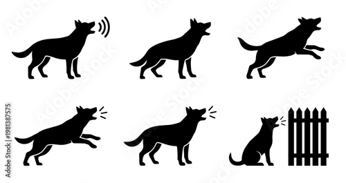 Black silhouette barking dog vector collection featuring active canine running, jumping, standing, and guarding at a wooden fence on white background