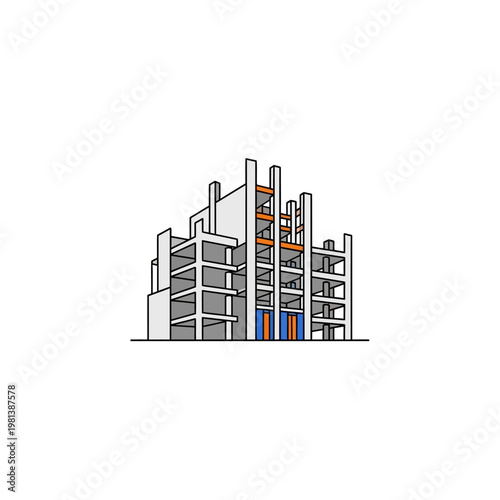 Multi-story building under construction with exposed rebar and concrete structure, modern flat design, on isolated white background.