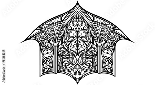 Elaborate Gothic Architectural Arch Window Illustration with Intricate Tracery, Historical Ornament and Decorative Details